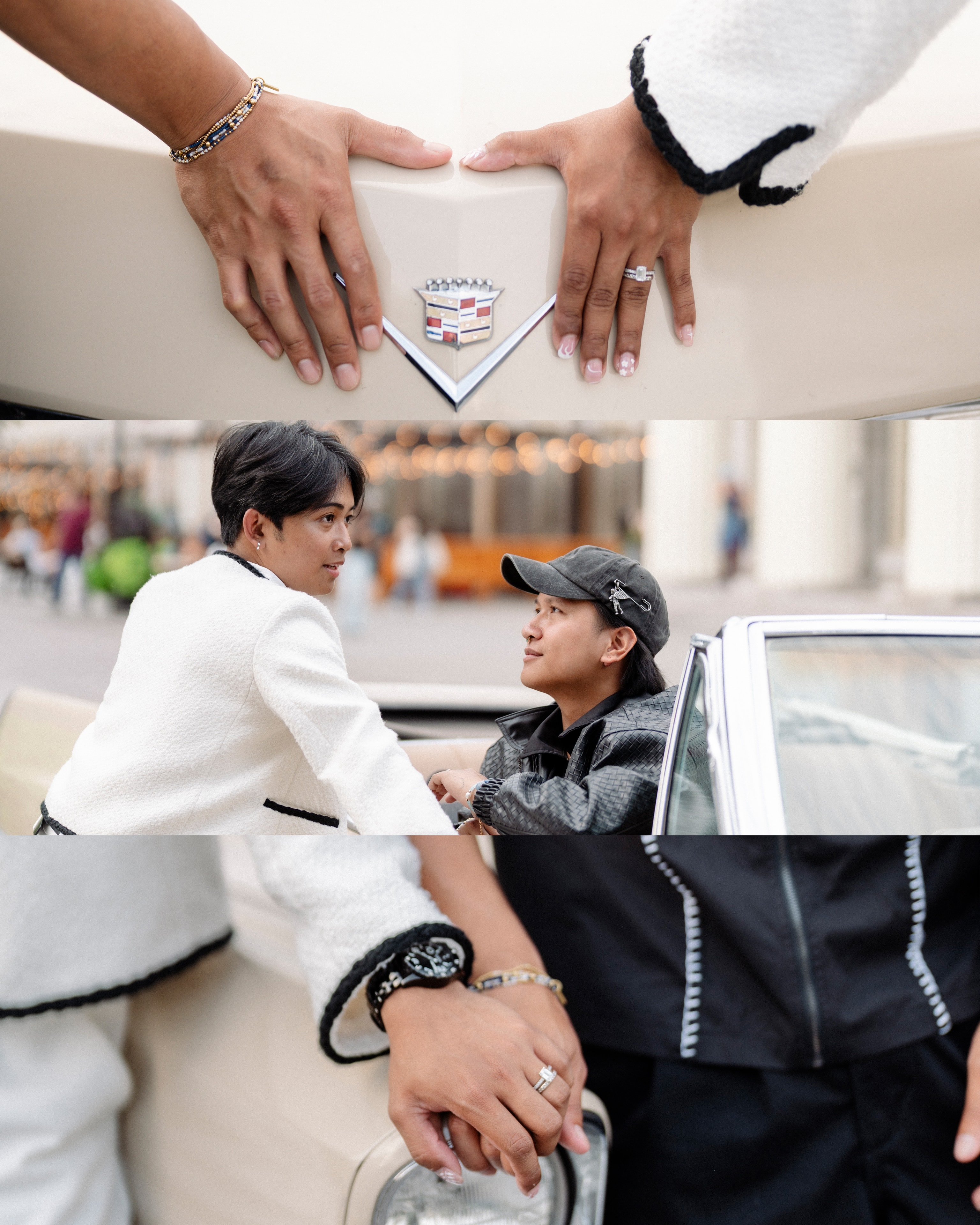 couple hands on Cadillac emblem ring detail engagement triptych collage