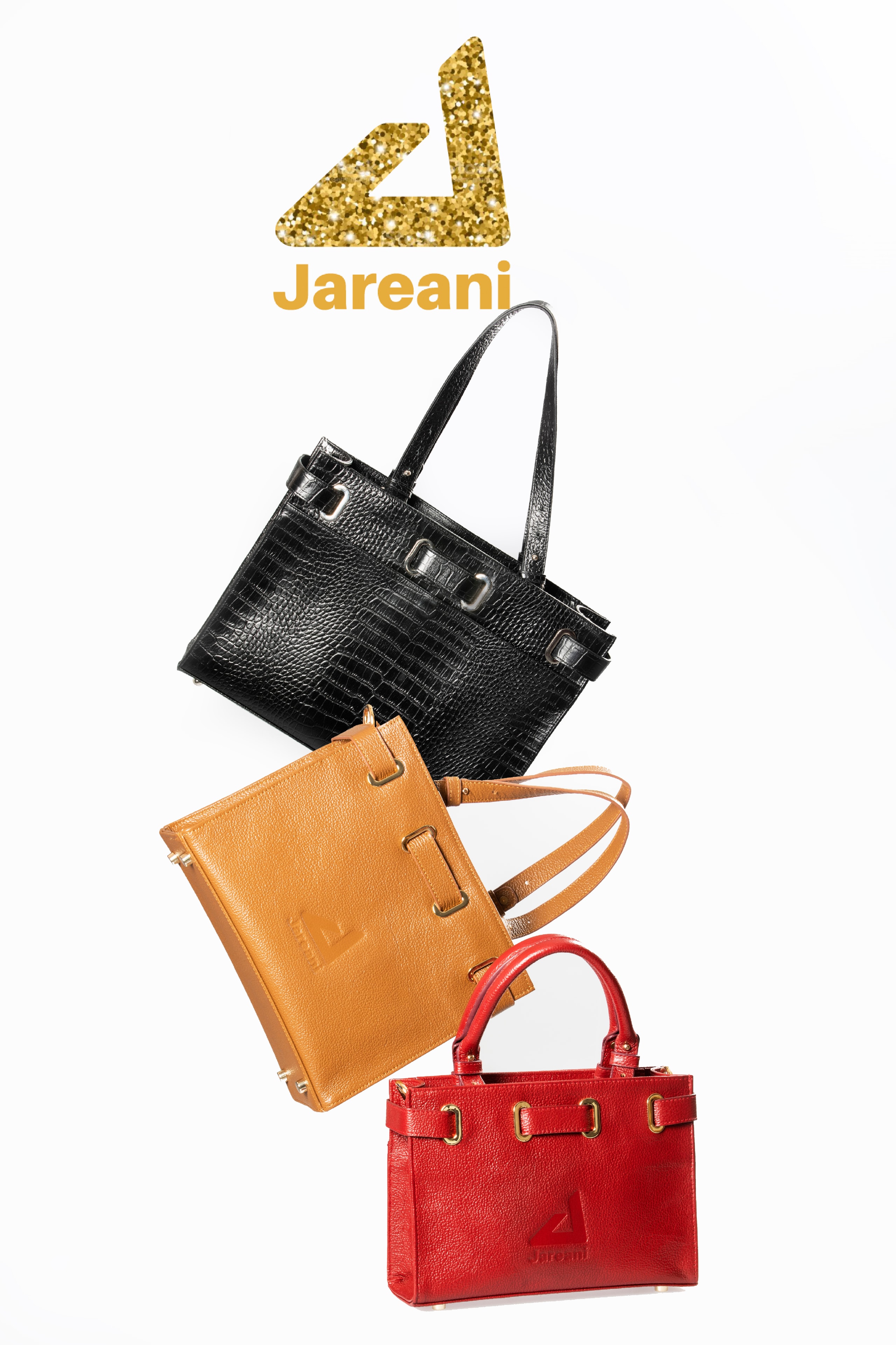 Jareani leather handbags black tan red white background product photography